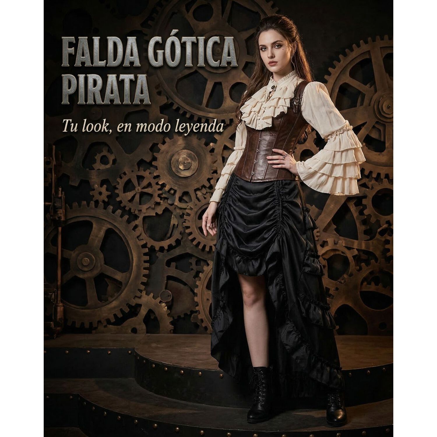 Falda Steampunk G&oacute;tica Pirata Larga Con Frunces Disfraz image number 5.0