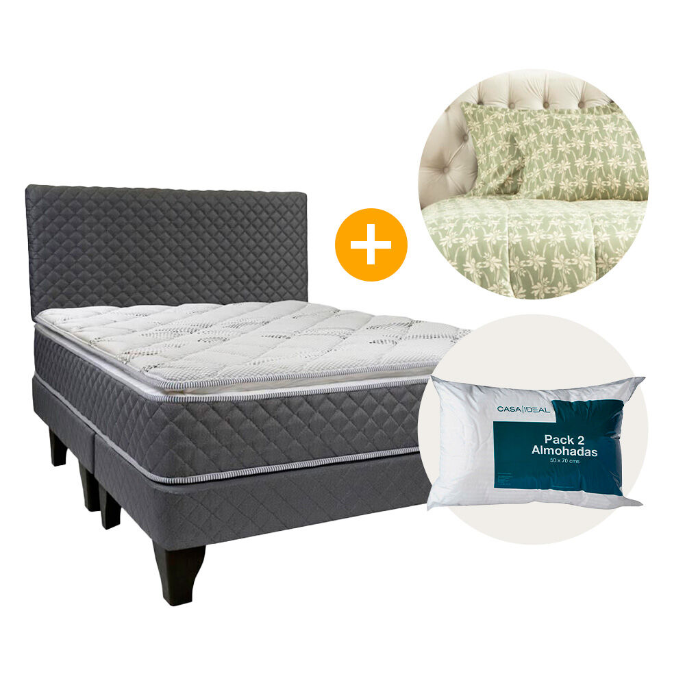 Combo Cama Europea Mediterraneo Plus 2 Plazas Base Dividida+ Plumon Enredad + Pack 2 Almohadas image number 0.0