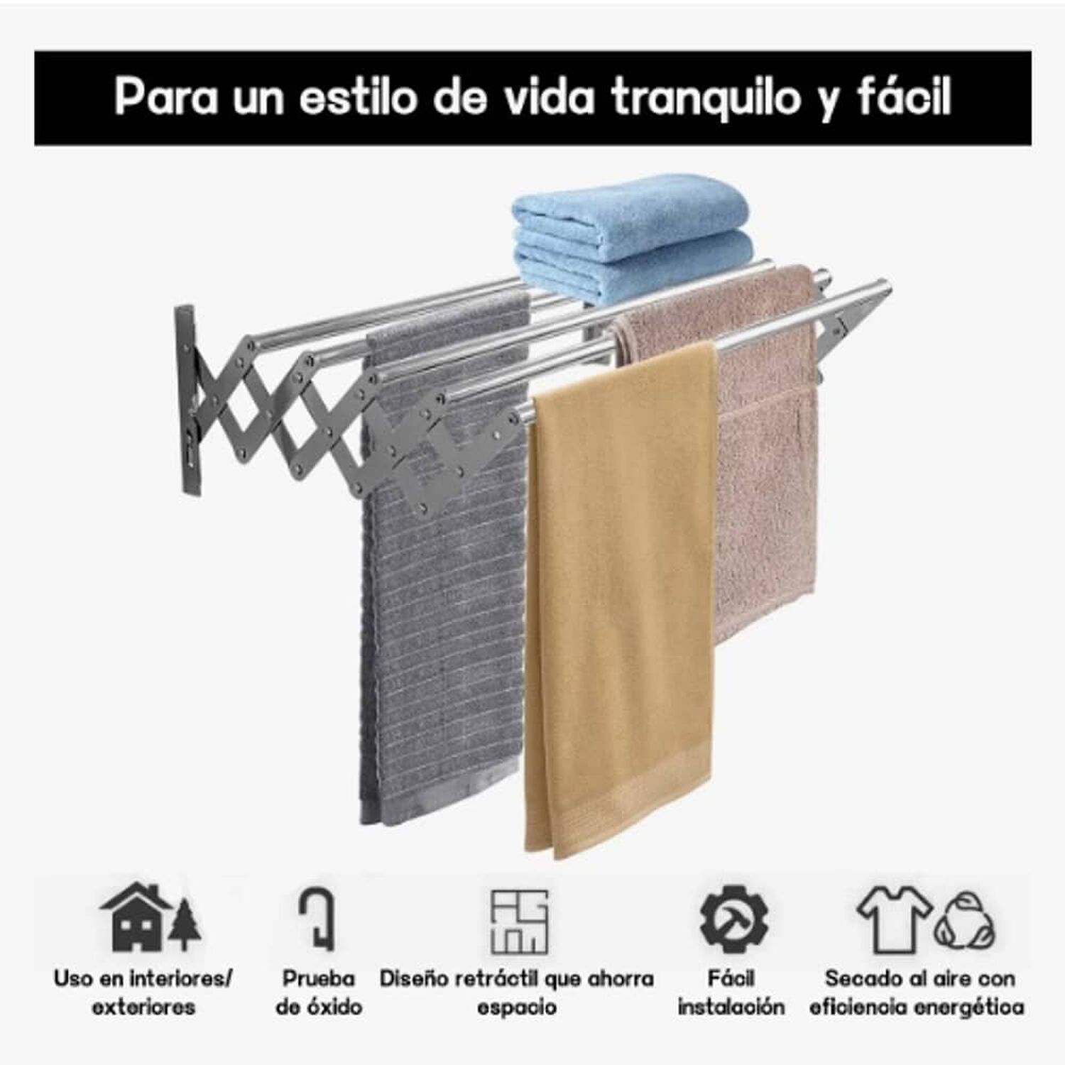 Toallero De Ba&ntilde;o Retr&aacute;ctil De Acero Inoxidable 5 Polos 80cm image number 1.0