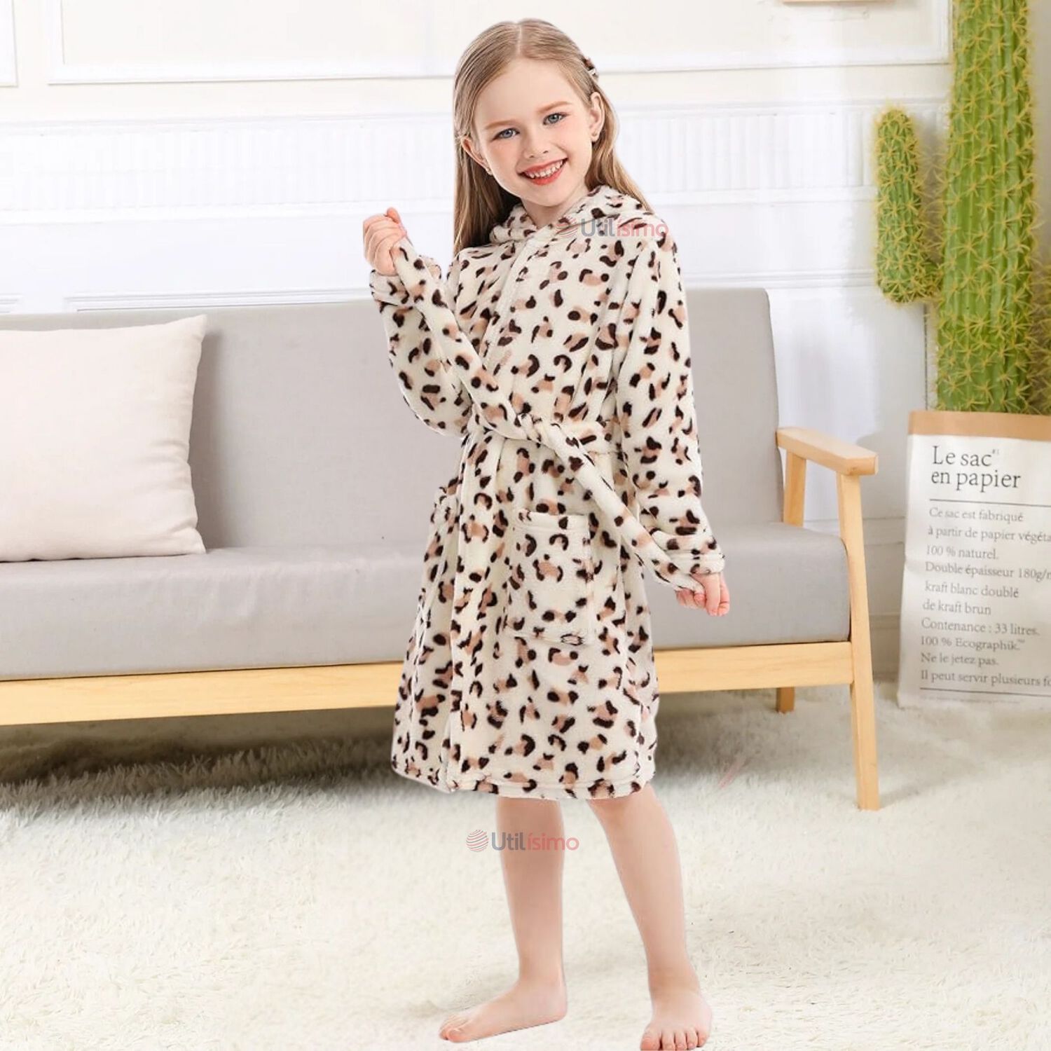 Bata De Ba&ntilde;o Capucha Bolsillos Ni&ntilde;o Ni&ntilde;a Polar Animal Print image number 0.0