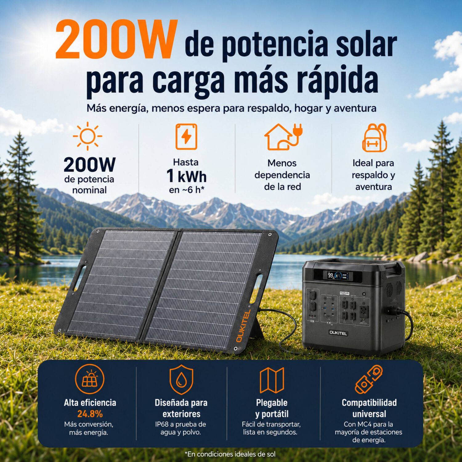 Panel Solar Port&aacute;til Oukitel 200w | Eficiencia 24.8% E Ip68 image number 1.0