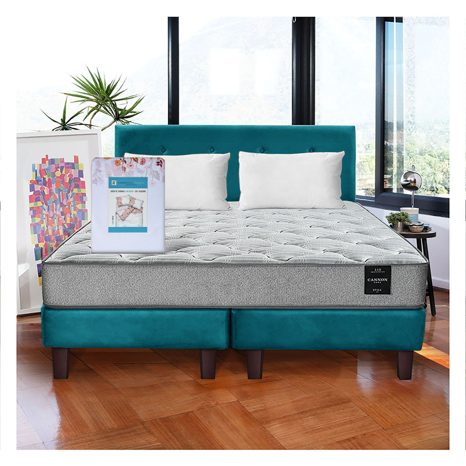 Combo Cama Cannon 2 Plazas Textil + Respaldo Tela Azul Petroleo image number 0.0