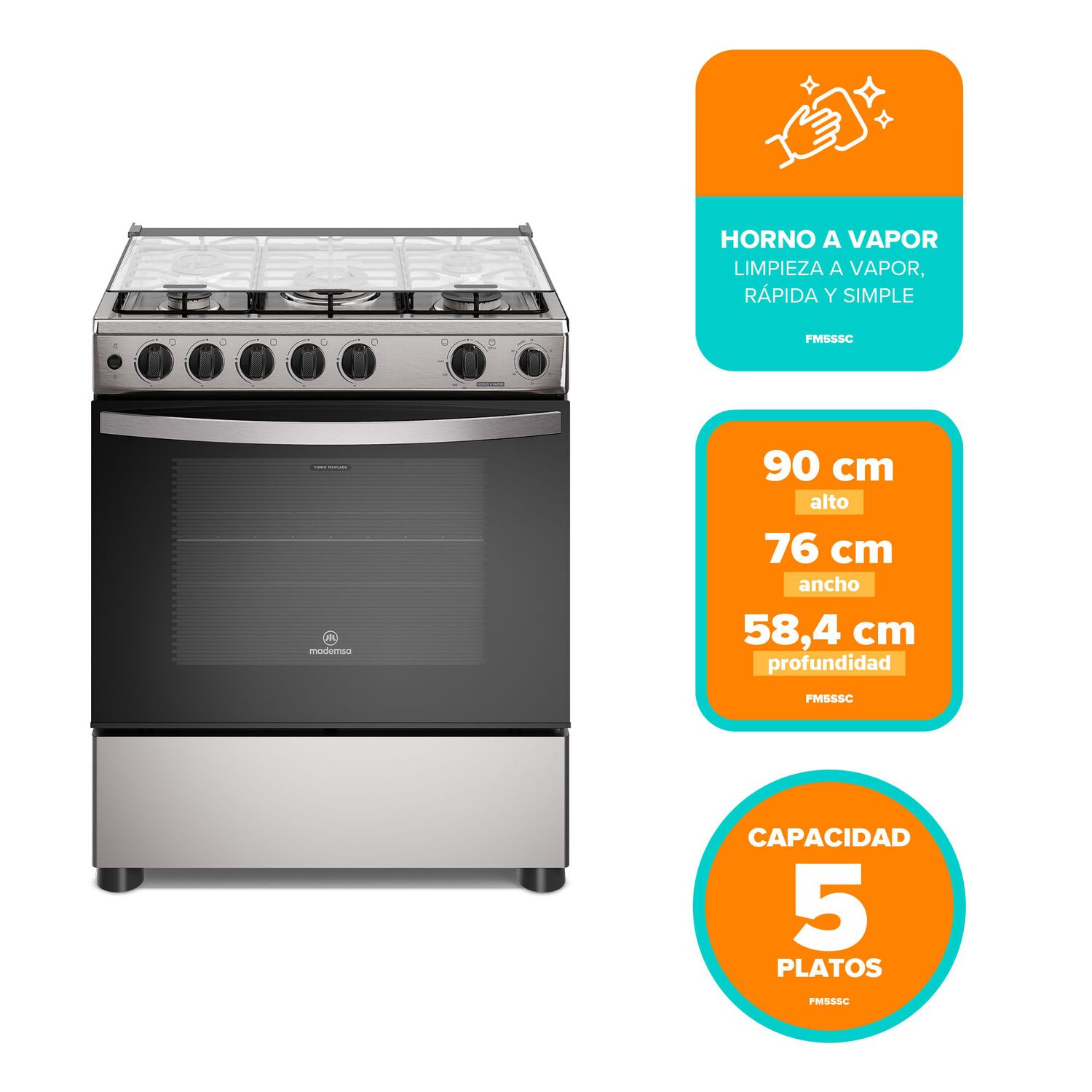 Cocina A Gas 5 Platos Horno Vapor Y Triple Llama Fm5ssc Inox image number 2.0
