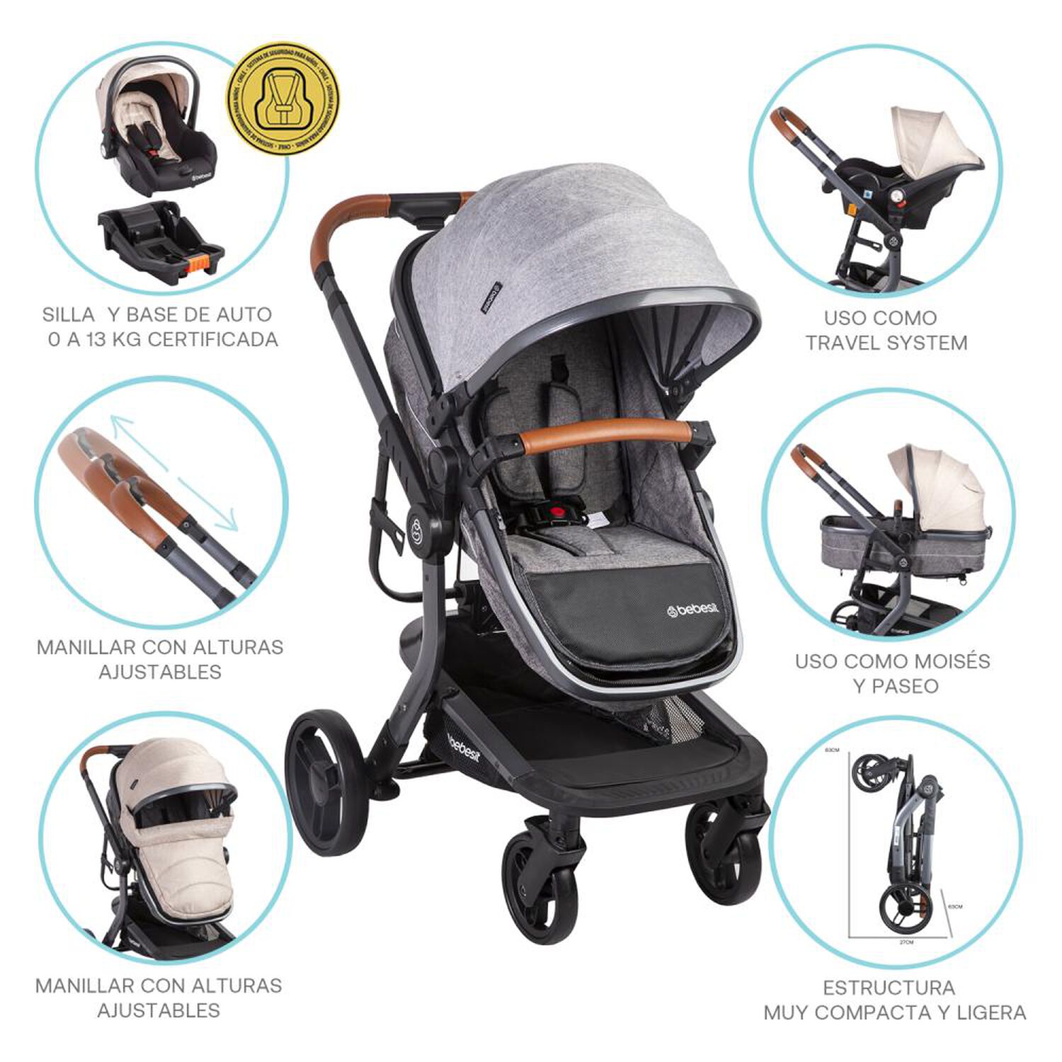 Coche Travel System Bebesit Taurus Gris image number 5.0