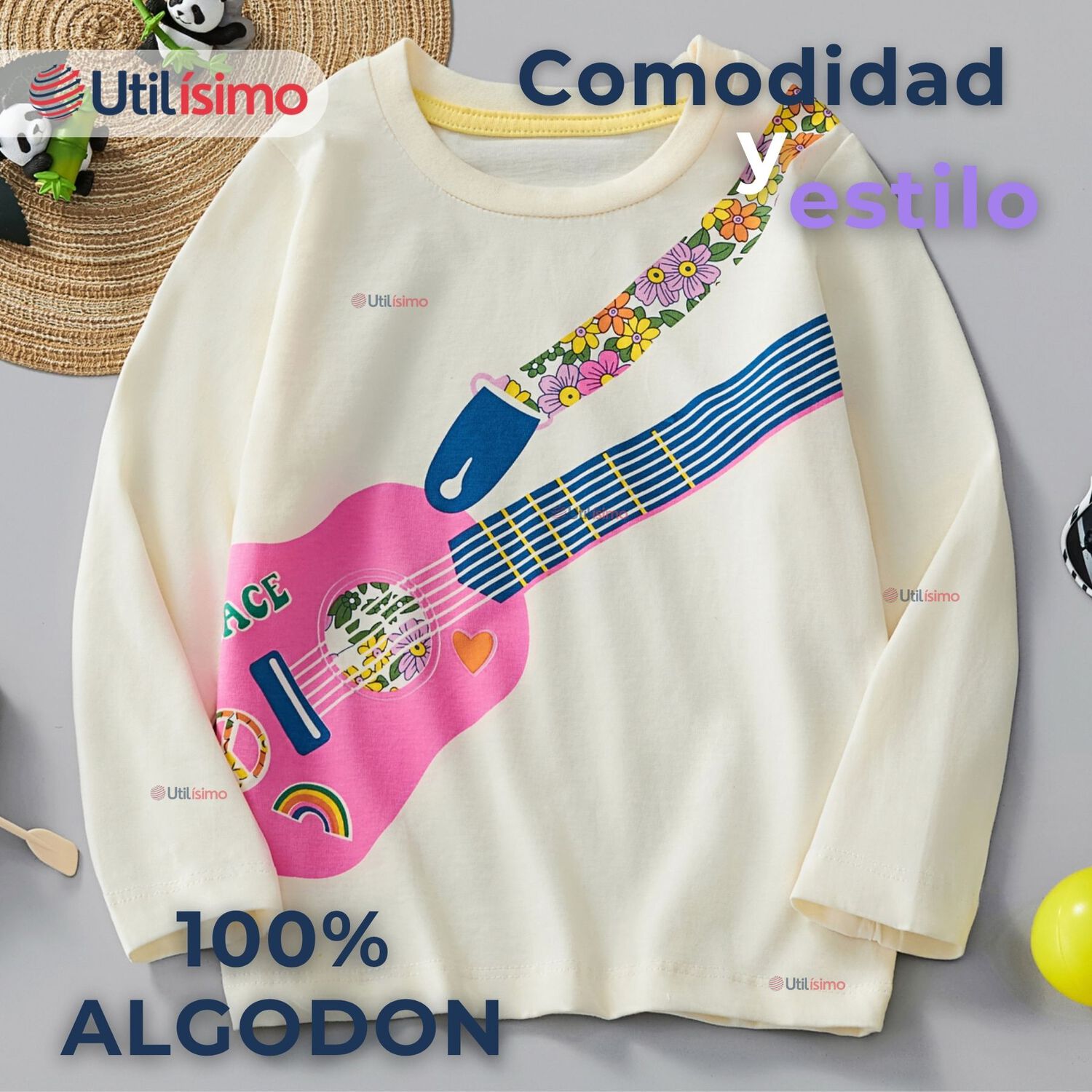 Polera Manga Larga Ni&ntilde;a 100% Algod&oacute;n Guitarra Blanco Camiseta image number 1.0