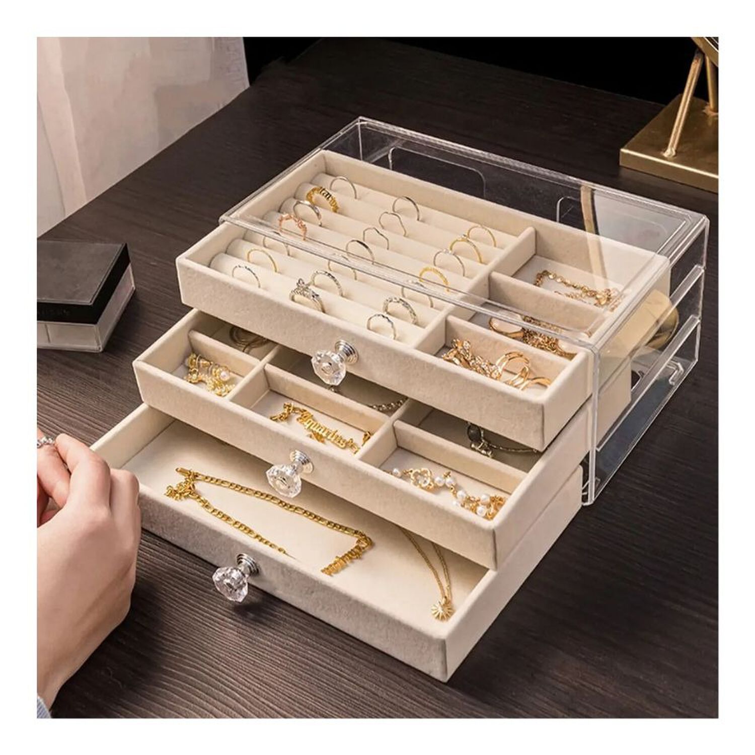 Joyero Organizador Acr&iacute;lico 3 Niveles Caja De Joyas Terciopelo image number 4.0