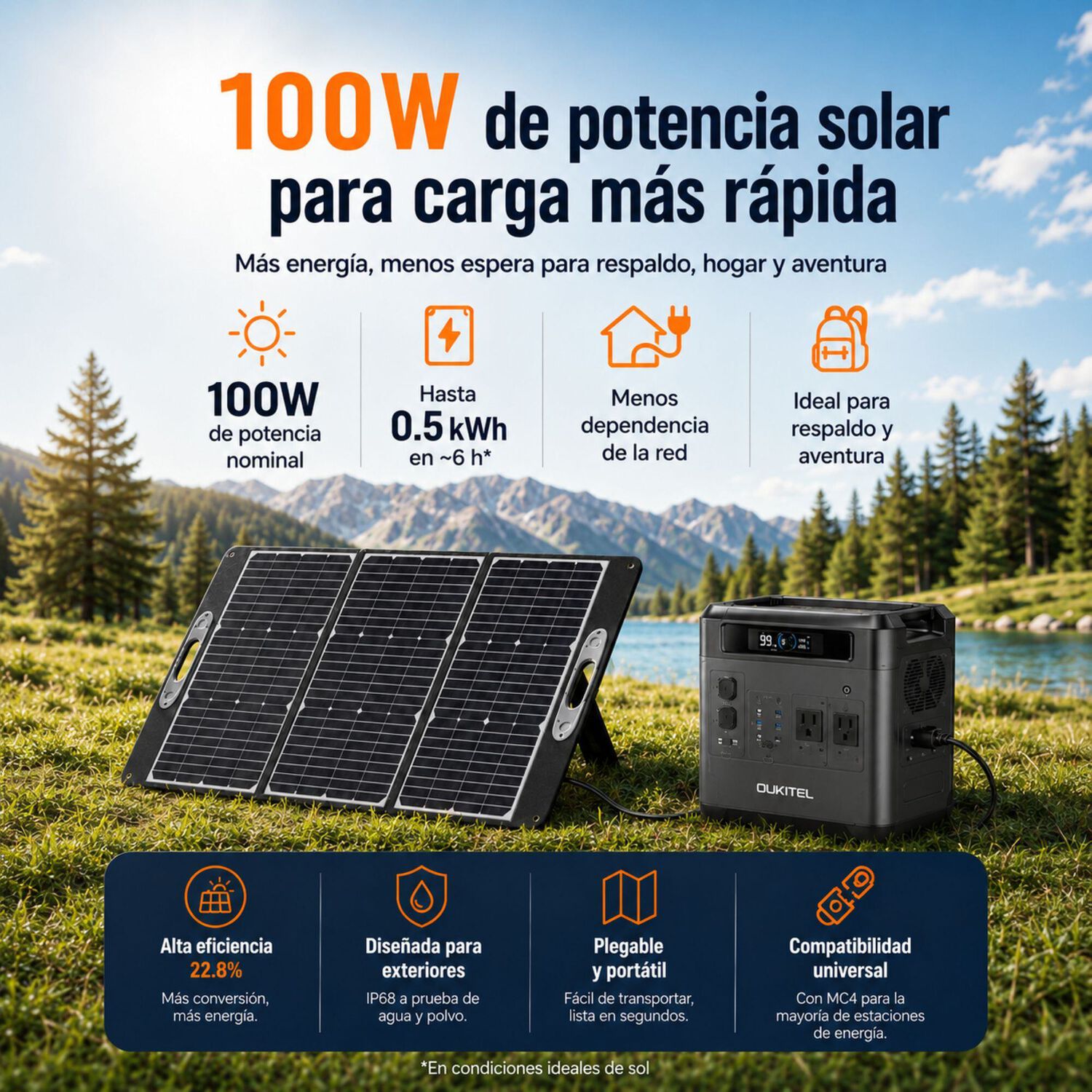 Panel Solar Port&aacute;til Oukitel 100w | Monocristalino E Ip68 image number 1.0