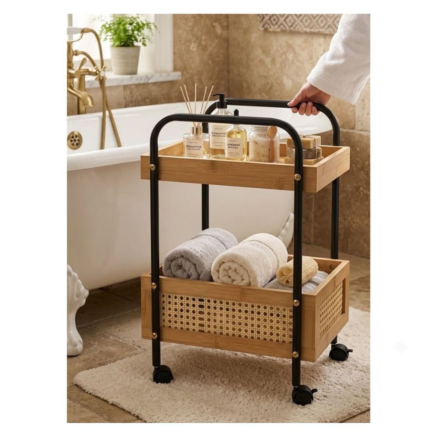 Carro Organizador 2 Niveles Bamb&uacute; Con Ruedas Ba&ntilde;o Cocina image number 2.0