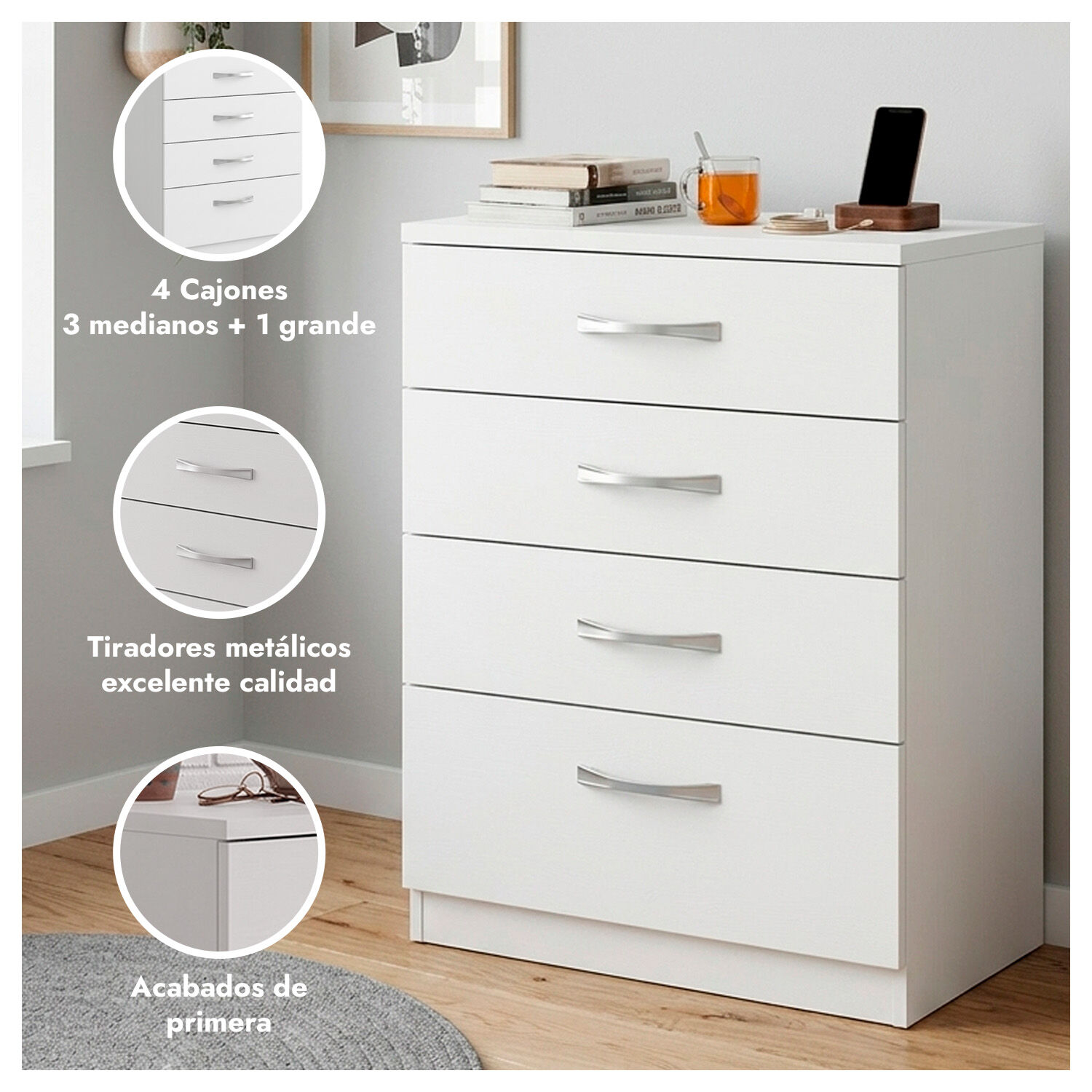 C&oacute;moda Blanca 4 Cajones Mueble Organizador Dormitorio image number 1.0