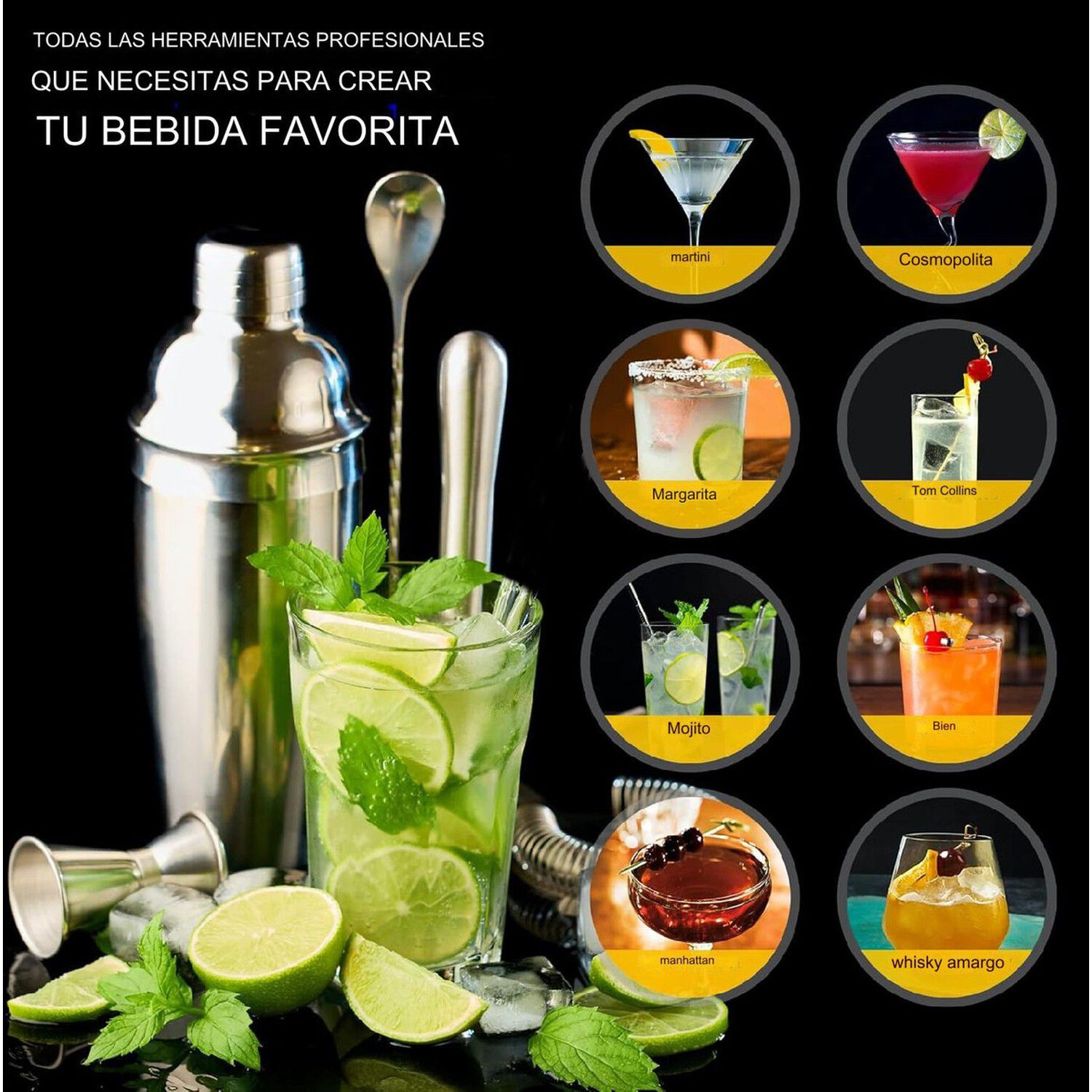 Kit Cocteler&iacute;a 12 Pzs Acero Inoxidable Coctelera 750ml image number 2.0