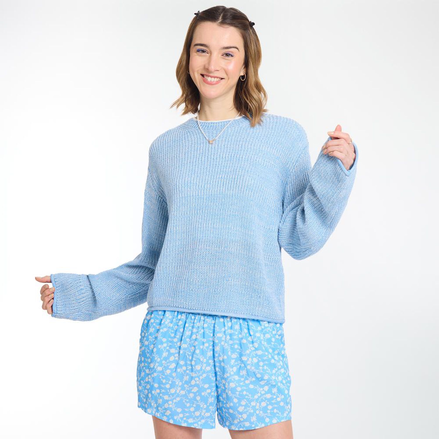 Sweater Crop Efecto Desgastado Manga Larga Cuello Redondo Mujer Freedom image number 0.0