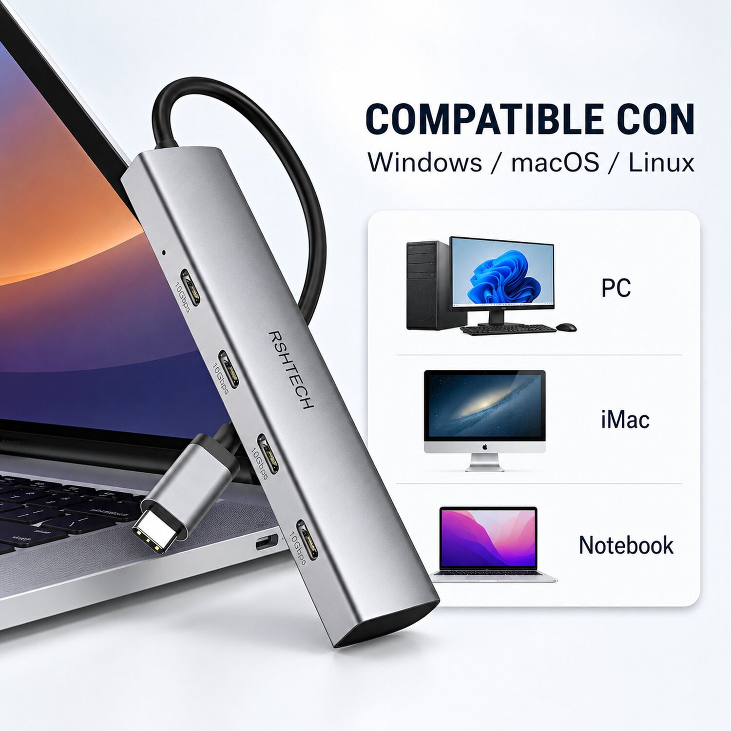 Hub Usb-c 3.2 De Aluminio Con 4 Puertos Usb-c De 10 Gbps image number 4.0