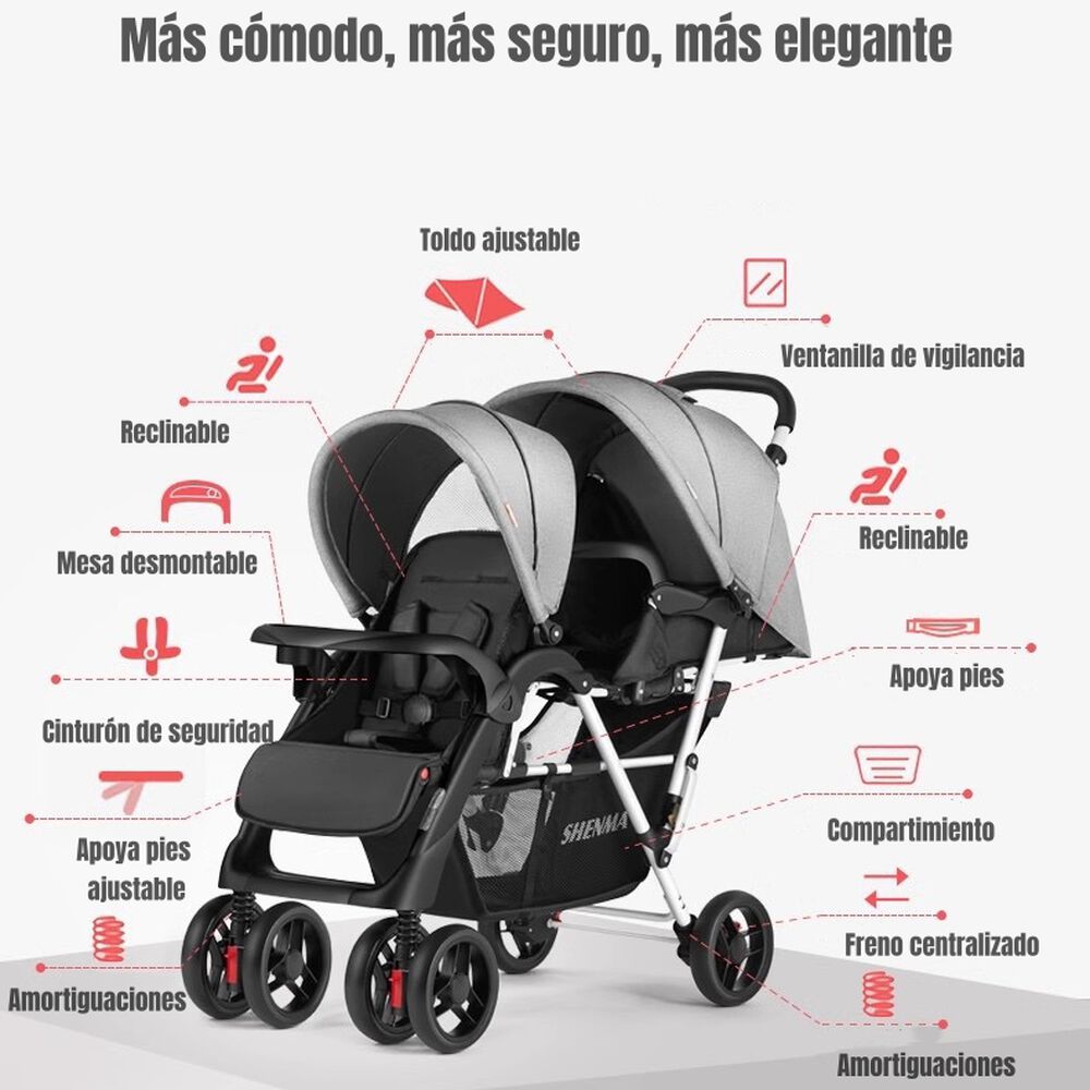 Coche Doble Duo Reclinable Plegable Gris By Lubabycas image number 2.0