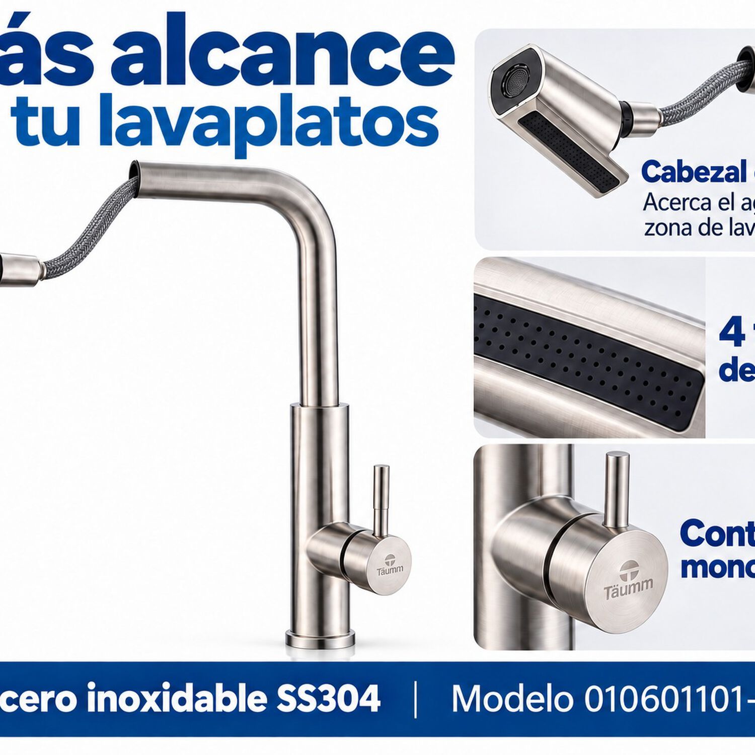 Monomando Lavaplatos Extra&iacute;ble Taumm 4 Chorros Acero Inoxidable 304 Grifo Cocina Plateado image number 4.0