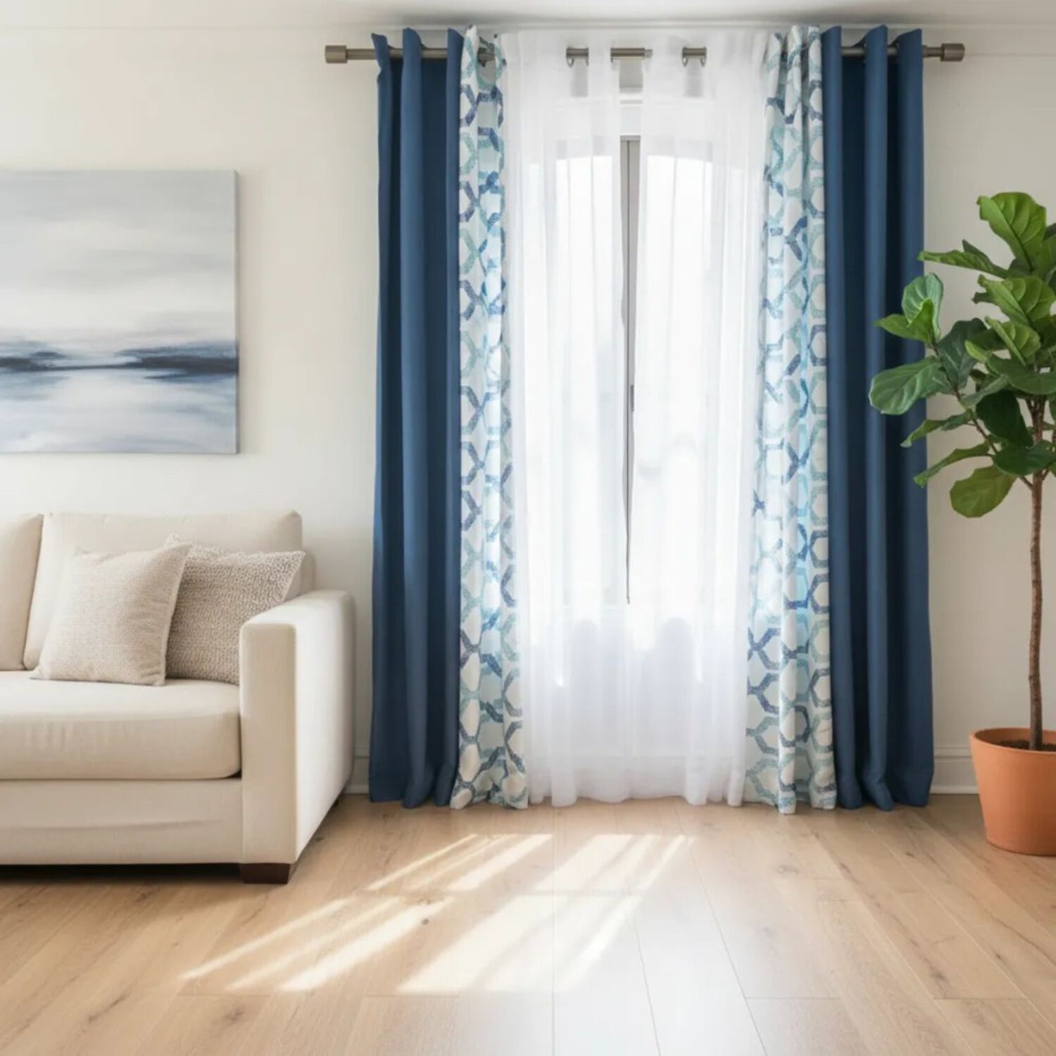 Set De Cortinas Lino Combinadas Azul + Visillos 4 Pa&ntilde;os image number 3.0