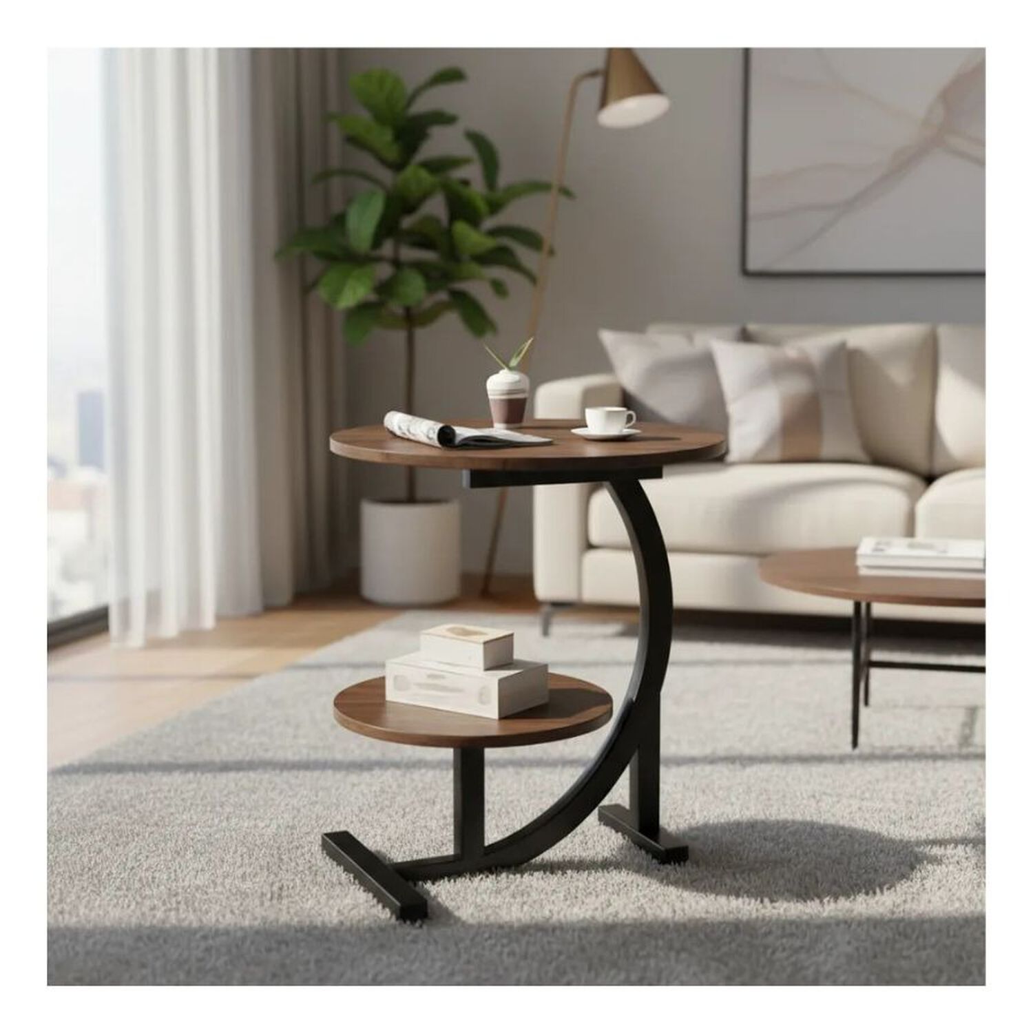 Mesa Auxiliar En Forma De C Redonda De 2 Niveles Living image number 4.0