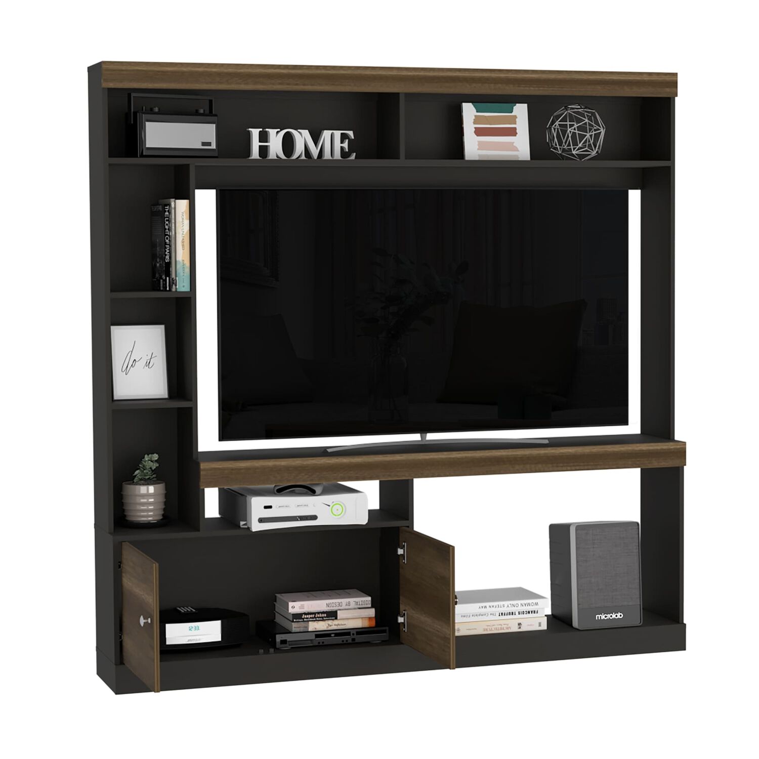 Estante Tv 55" Con 2 Puertas 7 Repisas Caf&eacute; Oscuro Y Negro image number 1.0