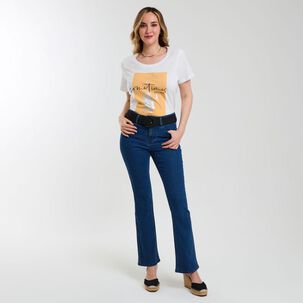 Polera Lisa Con Estampado Frontal Manga Corta Cuello Redondo Mujer Geeps