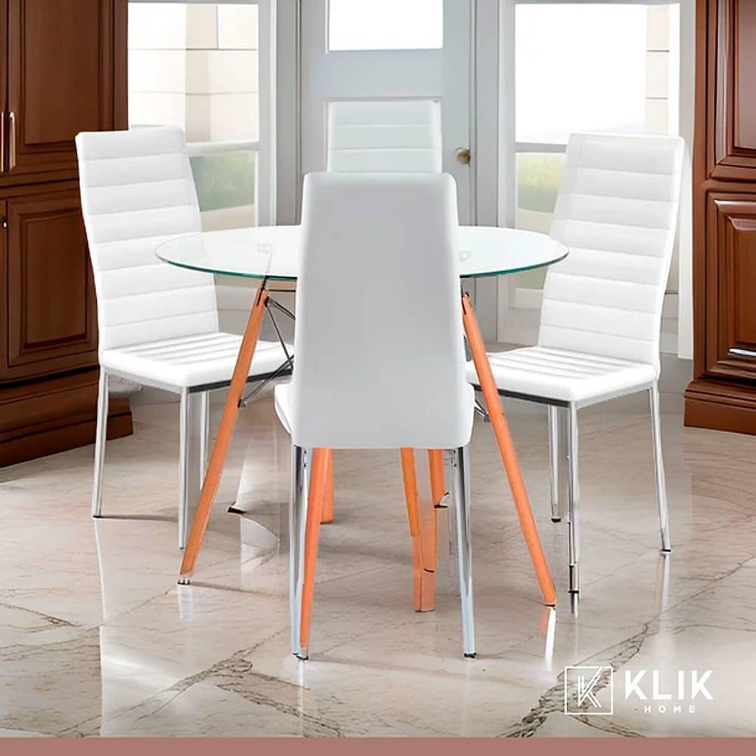 Comedor Mesa Eames 80cm Redonda Vidrio + 4 Sillas Dining Liana Acolchadas - Blancas image number 1.0