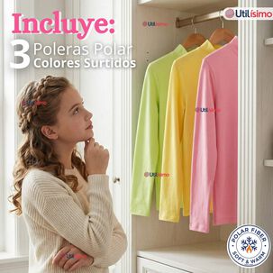 Pack 3 Poleras Camisetas Polar Primera Capa Cuello Beatle Manga Larga Colores Surtido Ni&ntilde;a