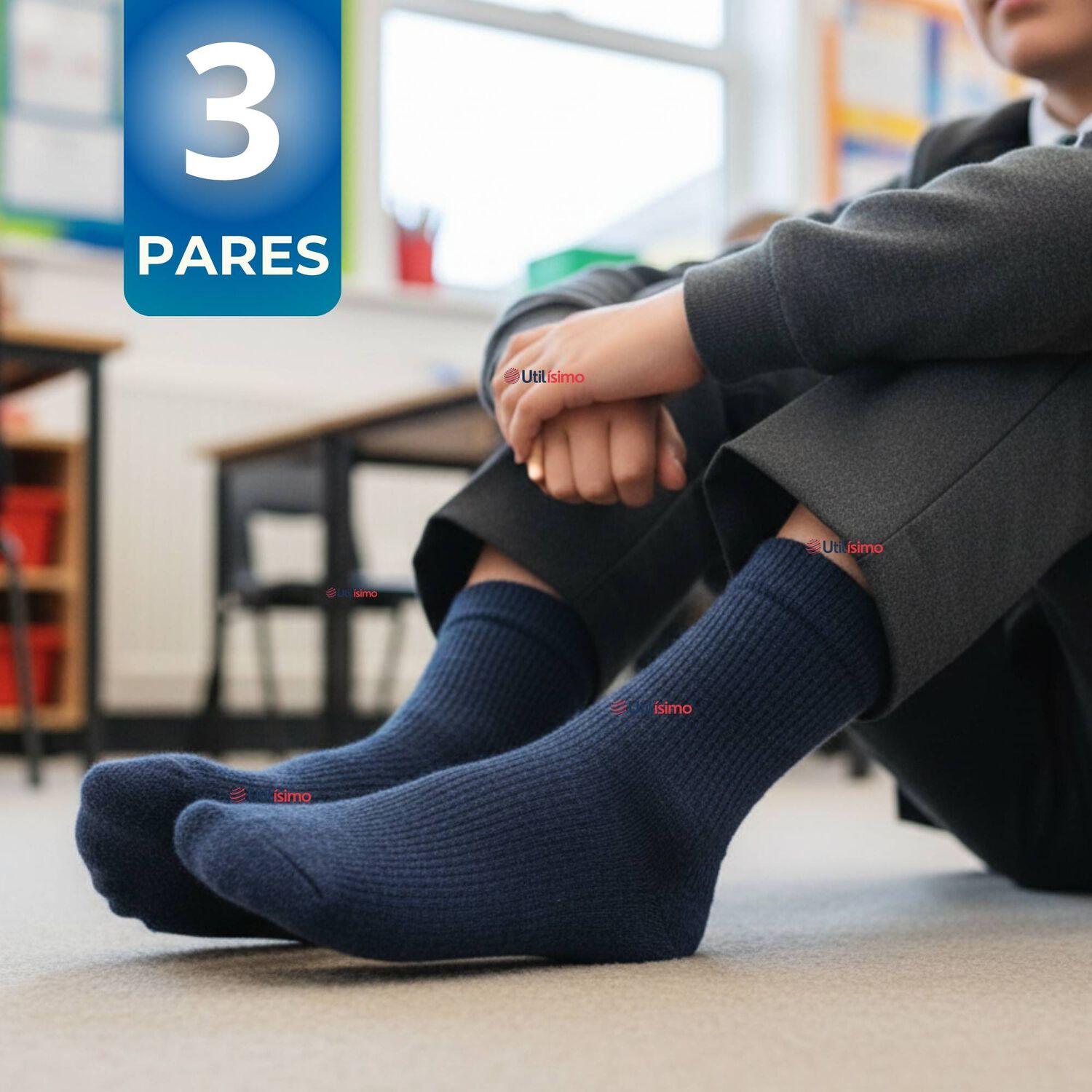 Pack 3 Calcet&iacute;nes Escolares Corto Bamb&uacute; Azul Ni&ntilde;o Y Ni&ntilde;a image number 0.0