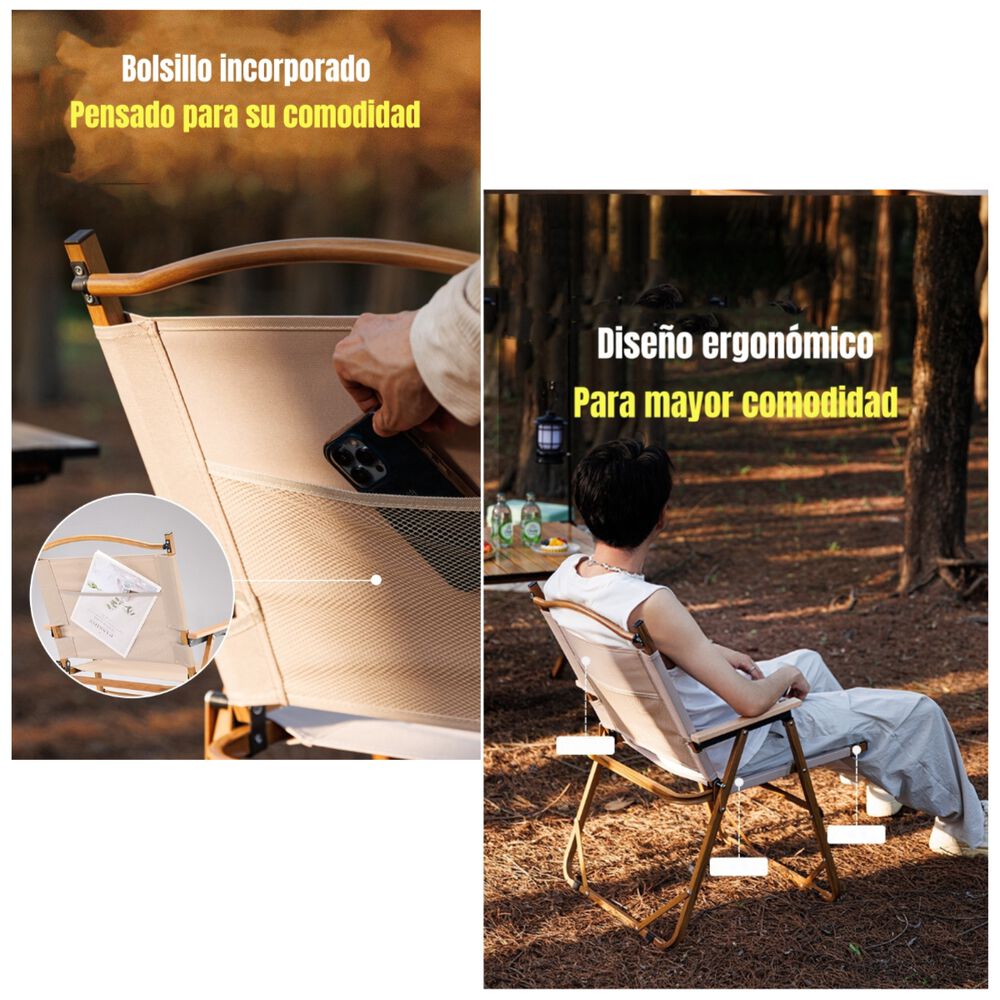 Silla Plegable Camping Con Bolsillo Playa Picnic Beige Kemi image number 4.0