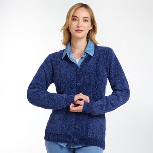 Sweater Chenille Trenzado Abotonado Con Bolsillo Cuello V Mujer Geeps