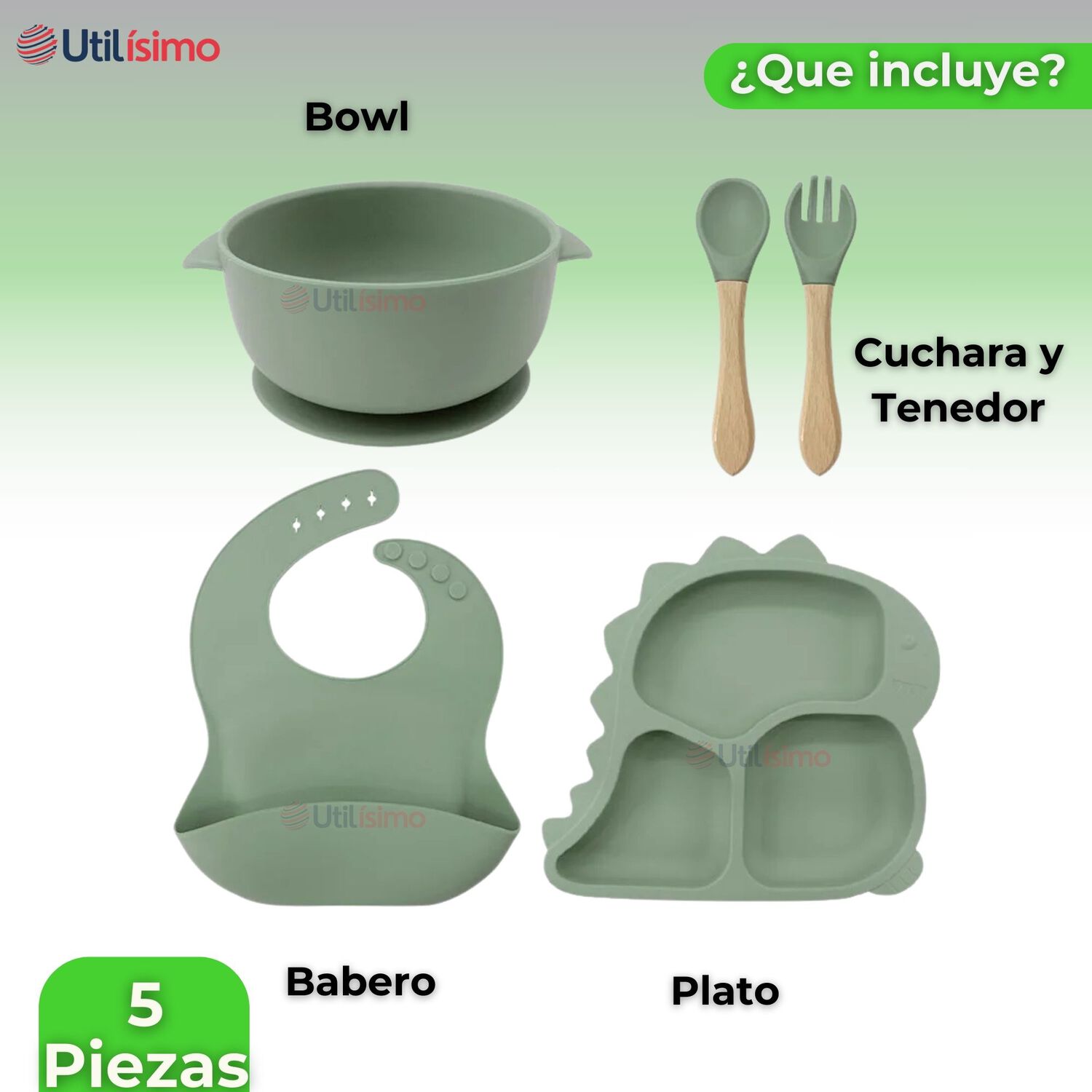 Set Alimentaci&oacute;n Silicona Beb&eacute; 5 Piezas Dinosaurio Libre Bpa Color Verde image number 4.0