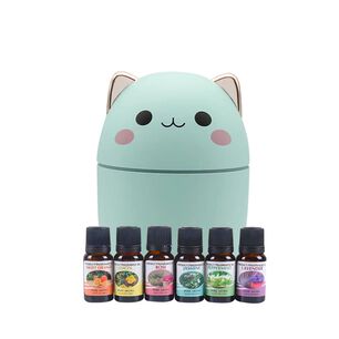 Pack Humidificador Dise&ntilde;o Gato Verde + 6 Esencias Aromaticas