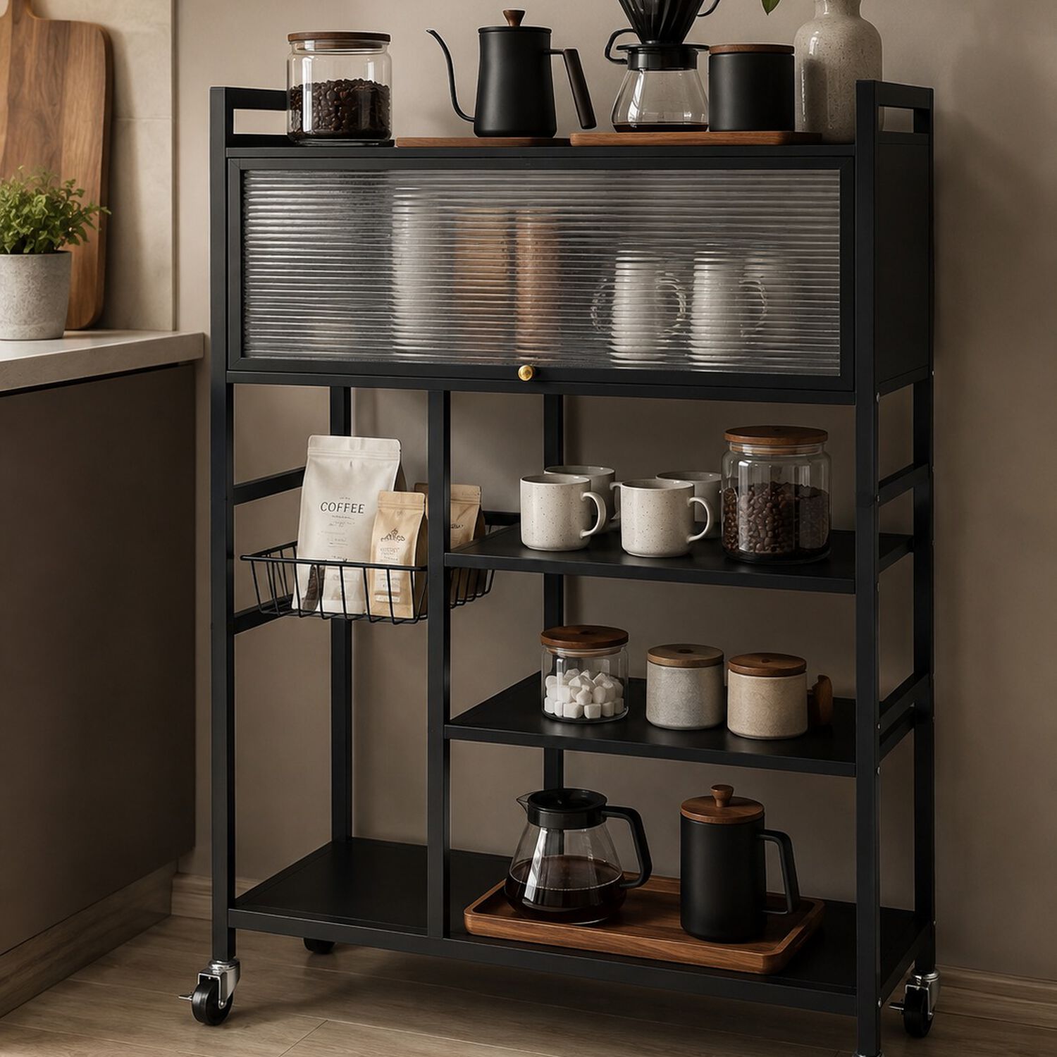 Estante Organizador Multiuso De Cocina Con Gabinete Y Ruedas Color Negro image number 6.0