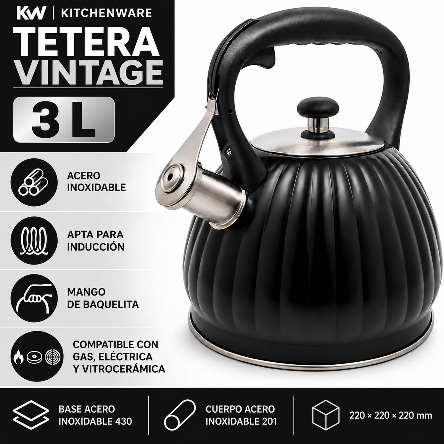 Tetera Kw Vintage Jr-t012 3 Litros Negra Acero Inoxidable image number 6.0