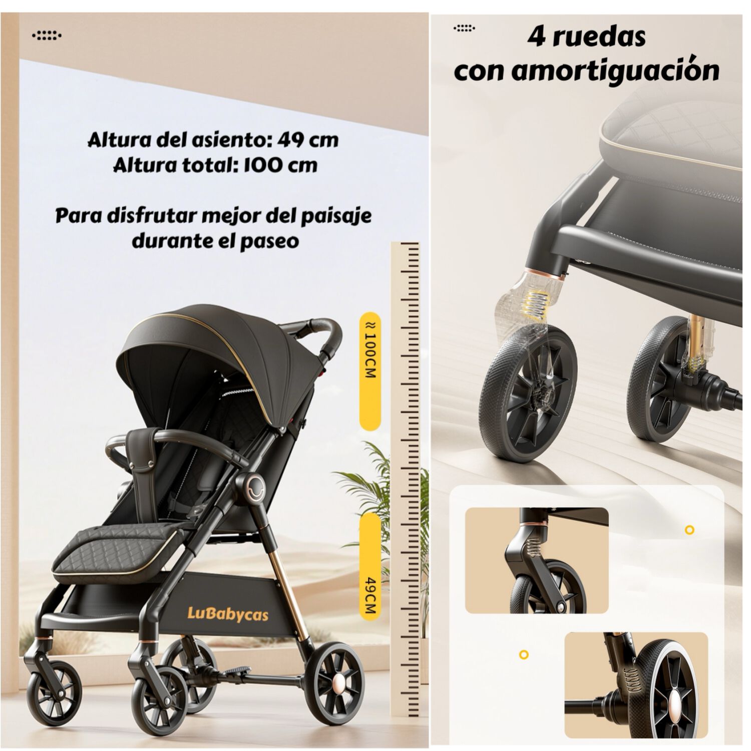 Coche De Paseo &Uacute;ltra Resistente 25kg Tek Dorado Lubabycas image number 4.0