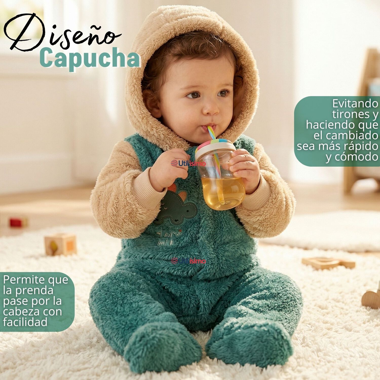 Enterito Con Capucha Tela Plush Verde Dinosaurio Beb&eacute; Ni&ntilde;o image number 6.0