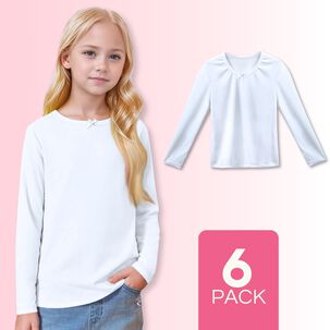 Pack 6 Camisetas Algod&oacute;n Manga Larga Polera Ni&ntilde;a Primera Capa Cuello Redondo Blanca