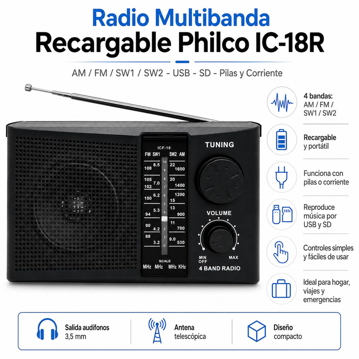 Radio Am / Fm Multibandas Recargable A Pilas Y Corriente 18r image number 5.0