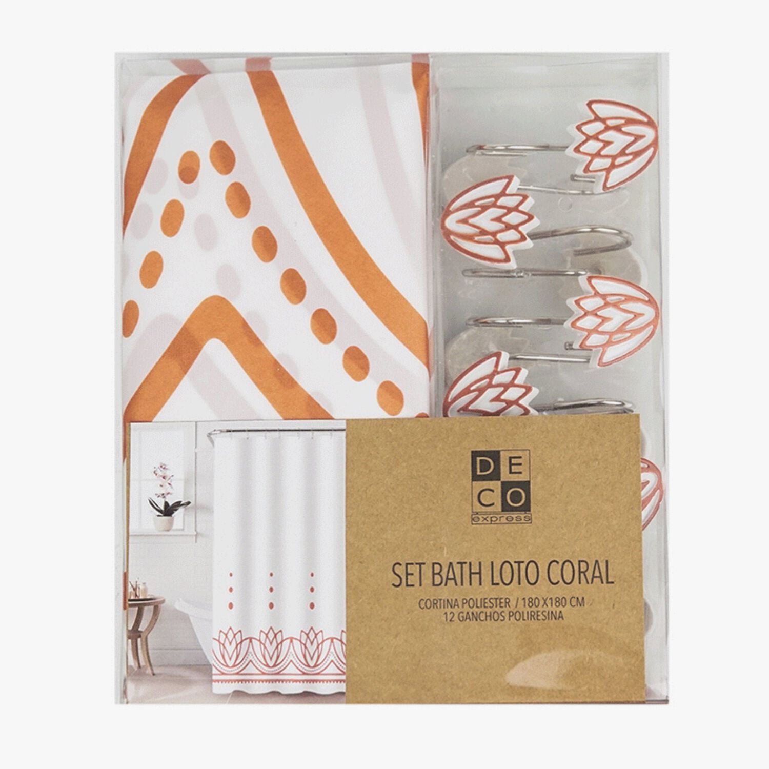 Cortina De Ba&ntilde;o 180x180 Impermeable + 12 Ganchos Loto Coral image number 2.0
