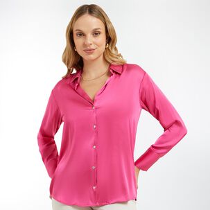 Blusa Satin Regular Manga Larga Cuello Camisero Mujer Kimera