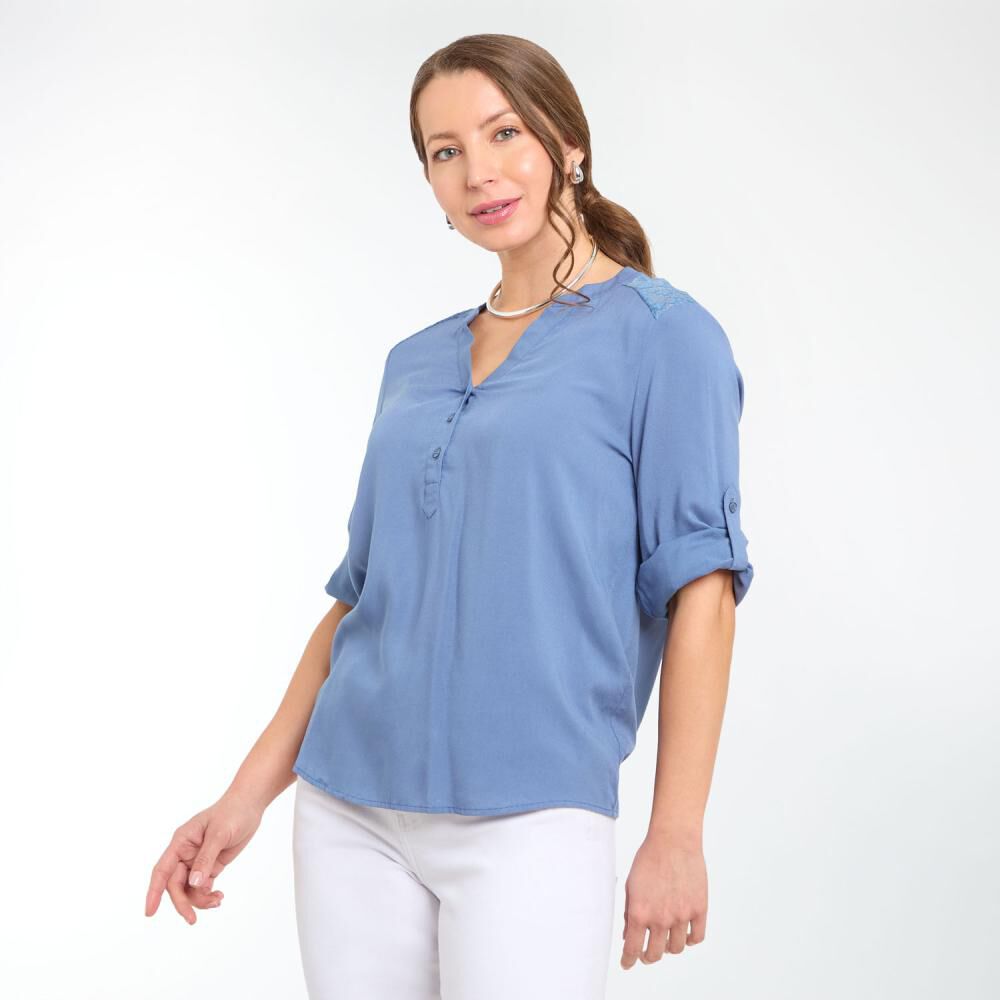 Blusa Lisa Con Aplicación En Hombros Manga 3/4 Cuello V Mujer Geeps image number 2.0