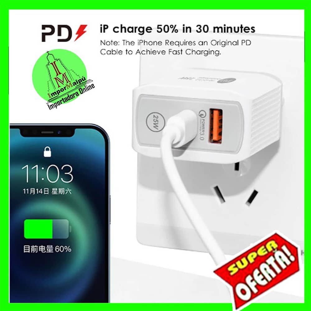 Cargador De Pared Para Celular 25w Tipo C Y Usb Normal Carga Rapida Para Iphone Android Samsung image number 4.0