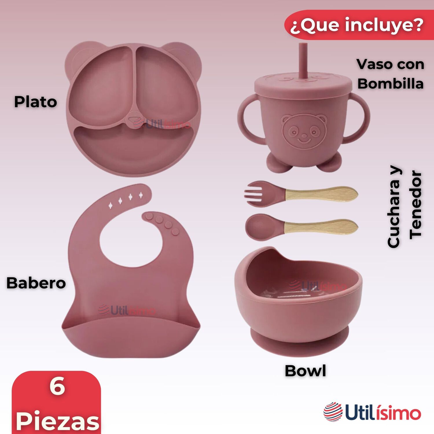 Set De Alimentaci&oacute;n Beb&eacute; Silicona De Oso 6 Piezas Libre Bpa Color Rosa Oscuro image number 6.0