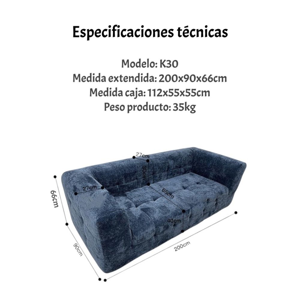 Sof&aacute; Comprimido Tela De Pana 200x90cm K30 Azul image number 6.0