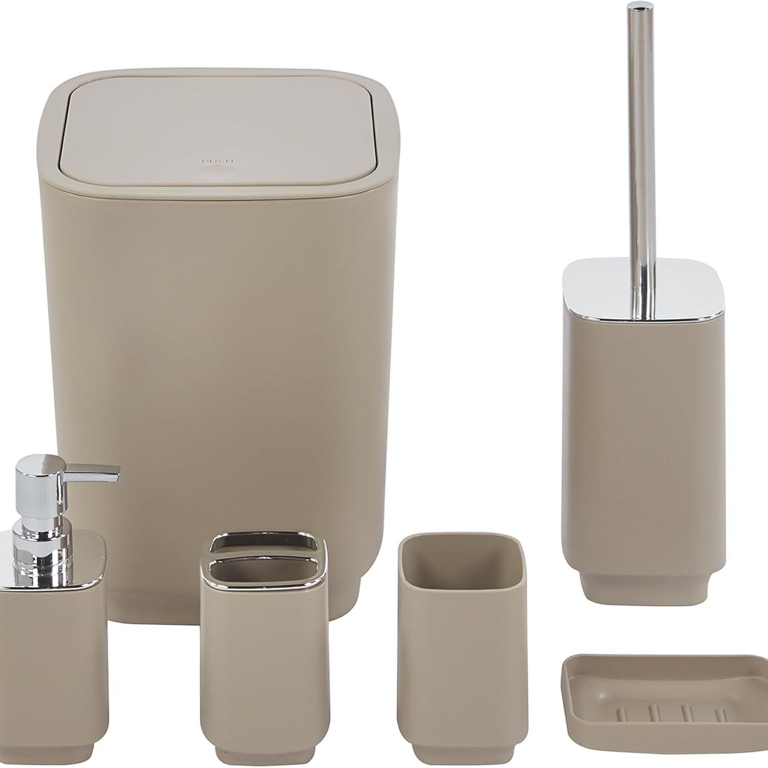 Set De Ba&ntilde;o Completo 6 Piezas De Abs Con Basurero Dispensador Y Escobilla Color Taupe image number 1.0