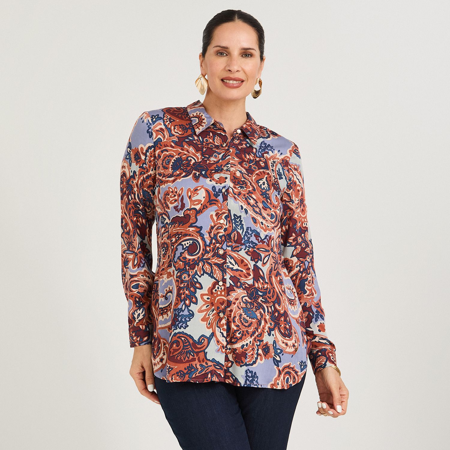 Blusa Estampada Manga Larga Cuello Camisero Mujer Lorenzo Di Pontti image number 0.0
