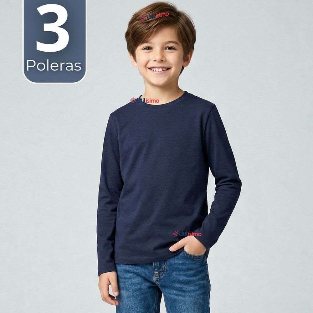 Pack 3 Poleras Camisetas Bamb&uacute; Azul Oscuro Cuello Redondo Primera Capa Manga Larga Ni&ntilde;o image number 0.0
