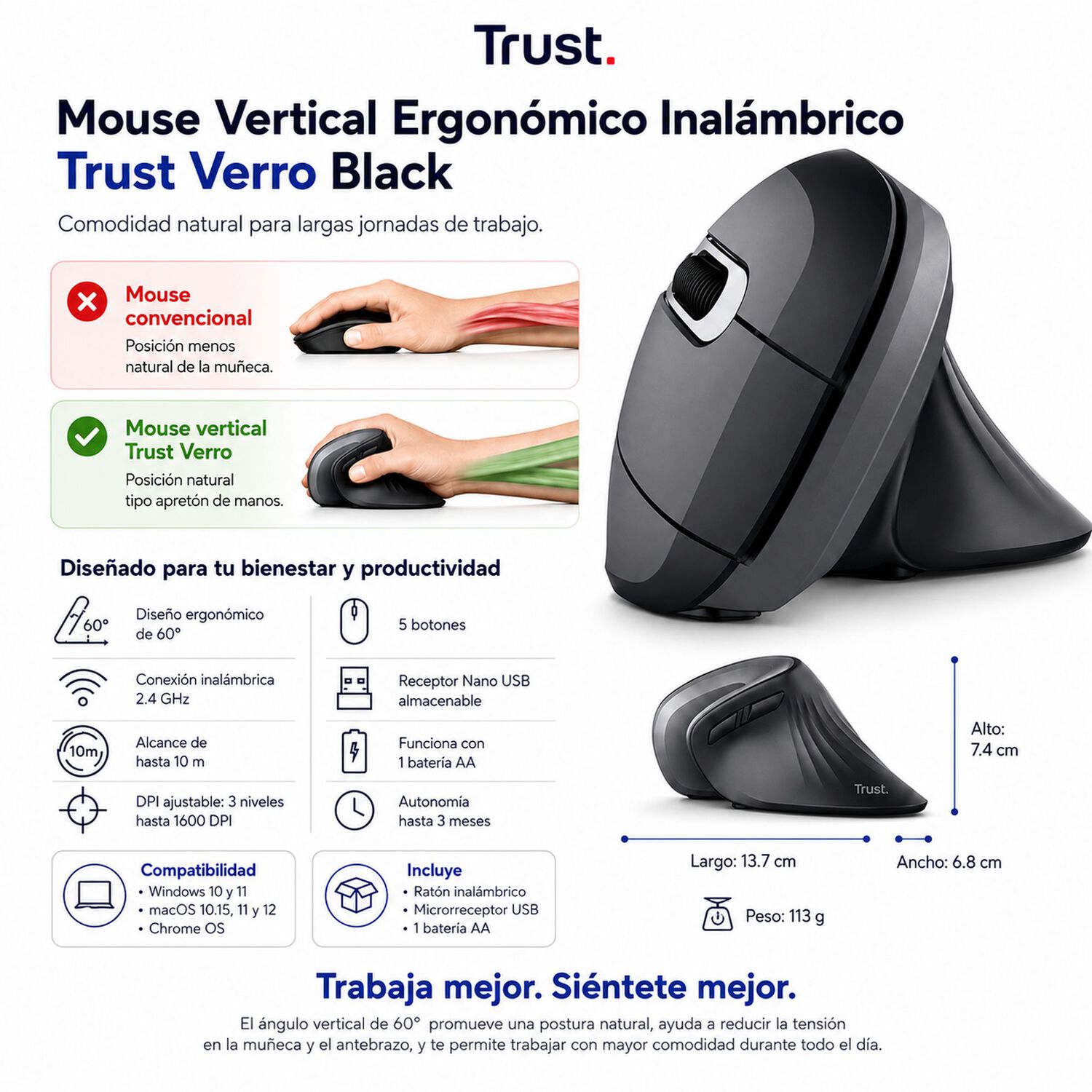 Mouse Vertical Inal&aacute;mbrico Ergon&oacute;mico Trust Verro Black 2g image number 5.0