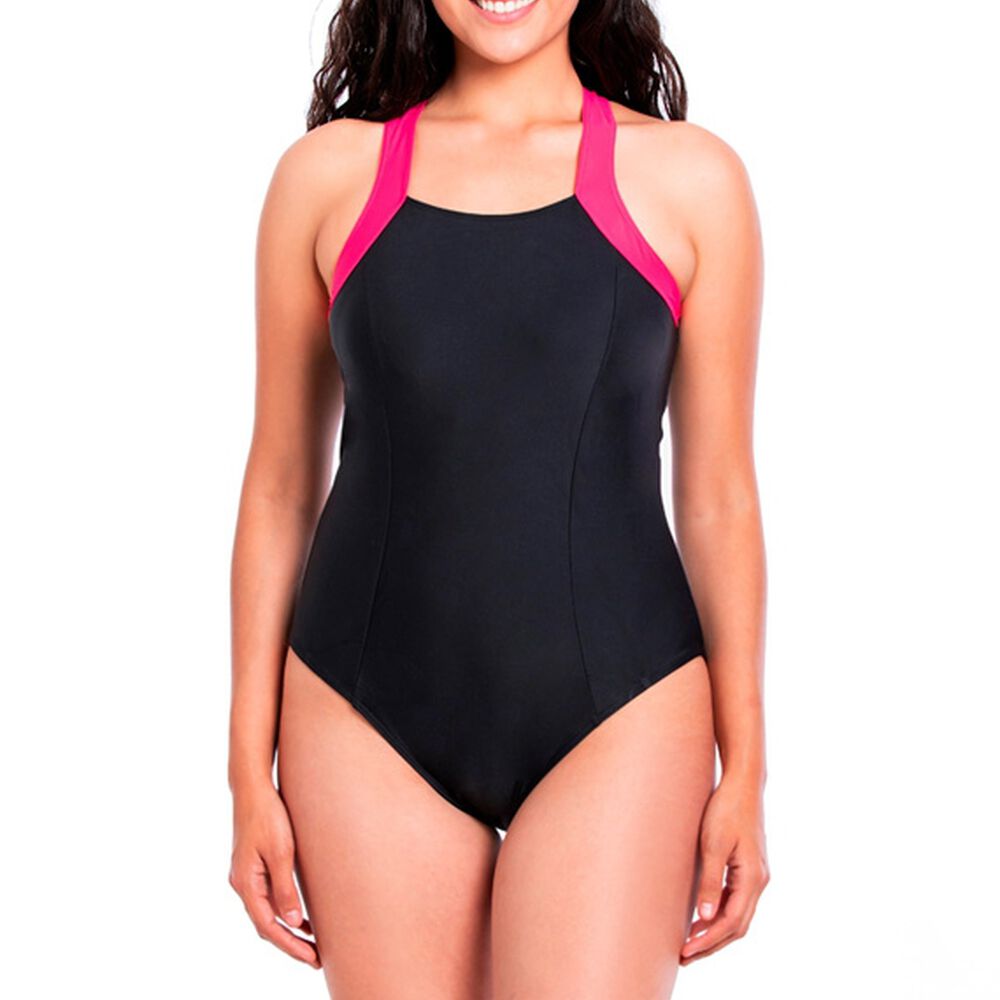 Traje De Baño Enterito Deportivo Con Cierre Negro Y Fucsia image number 0.0