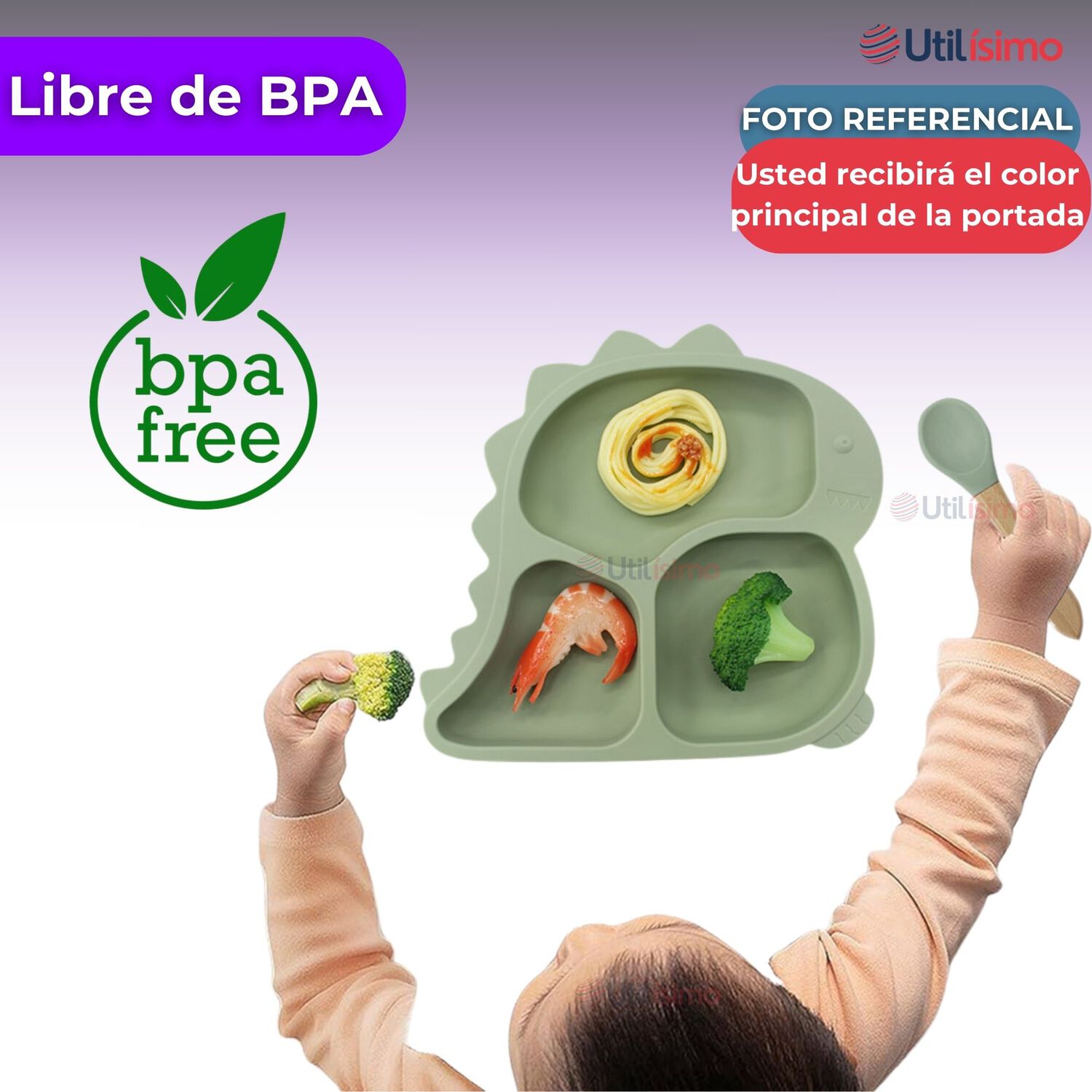 Set Alimentaci&oacute;n Silicona Beb&eacute; 5 Piezas Dinosaurio Libre Bpa Color Lila image number 1.0