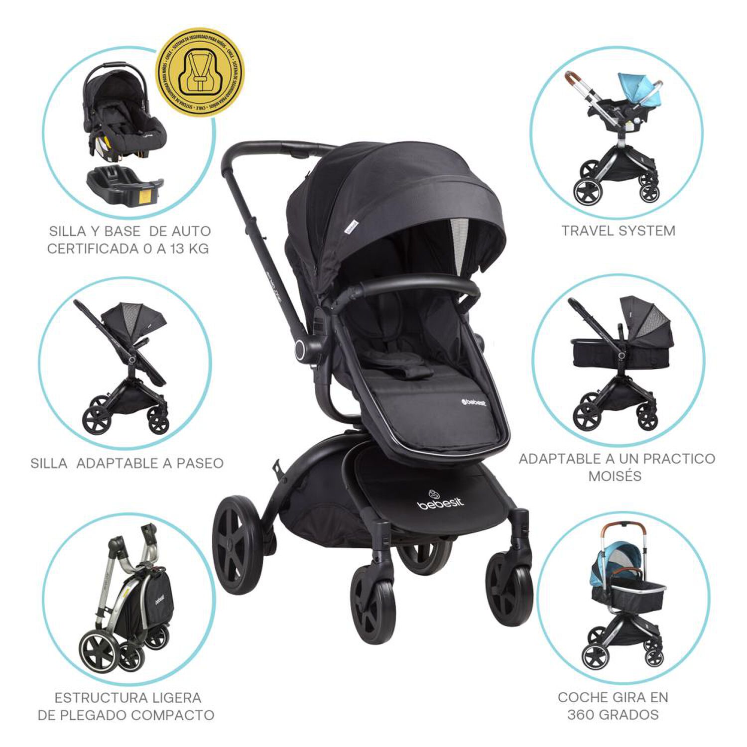 Coche Cuna Travel System Bebesit Deluxe 360&deg; Sx Negro image number 7.0