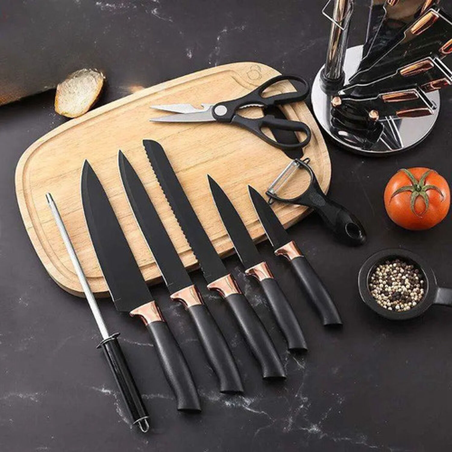Set Cuchillos De Cocina 9 Piezas Con Base Giratoria Liso Negro image number 3.0