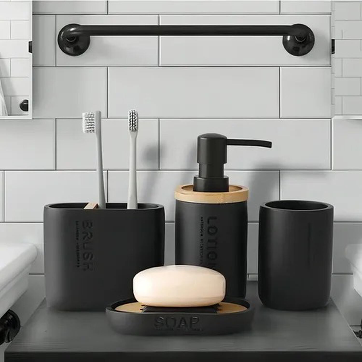 Kit Accesorio Ba&ntilde;o Resina 4 Piezas Stretto Negro Bambu image number 4.0
